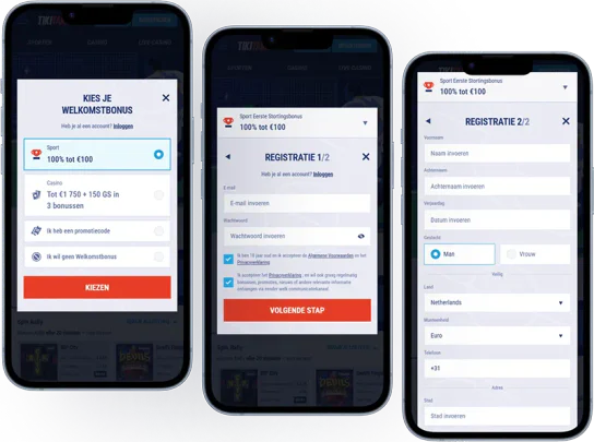 Mobiele registratie bij Tikitaka Casino met bonuskeuze, accountgegevens en persoonlijke informatie